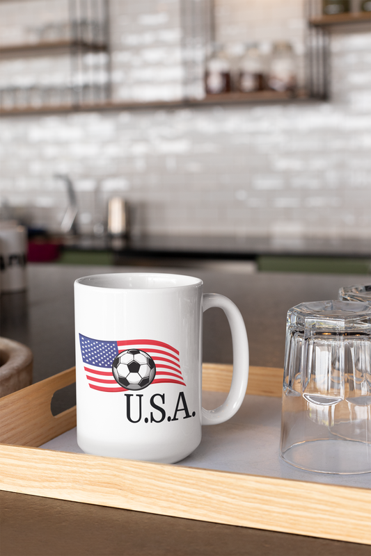 Patriotic USA Flag & Soccer Ball Ceramic Mug – Perfect for Soccer Fans!